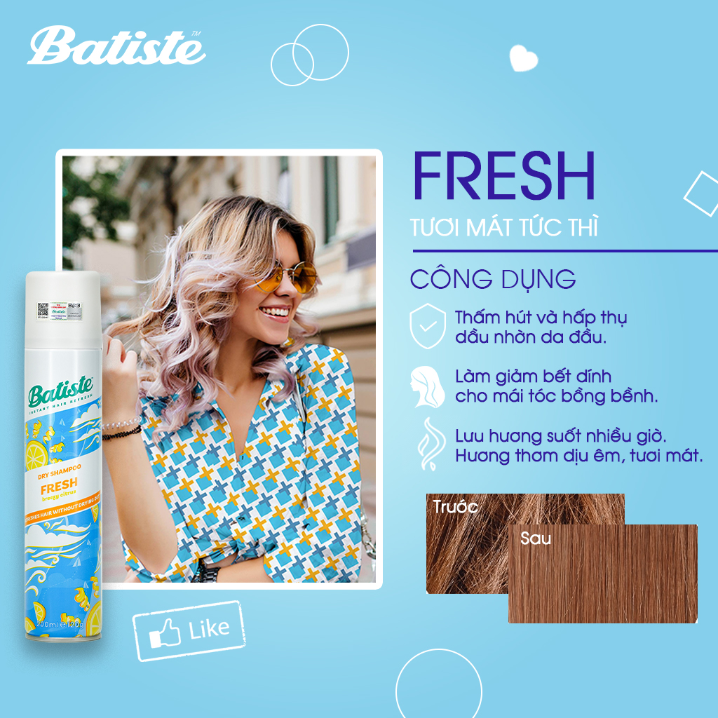 Dầu Gội Khô Batiste Tươi Mát Tức Thì - Batiste Dry Shampoo Light &amp; Breezy Fresh 200ml