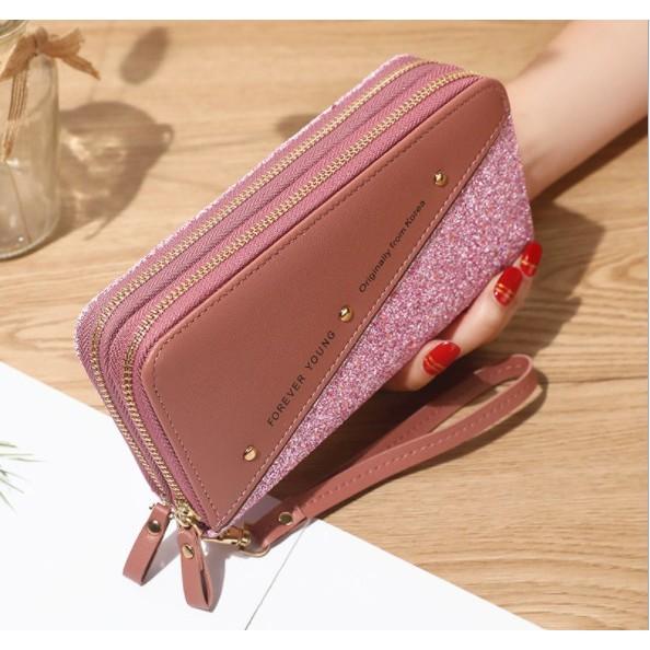 Ví nữ dài cầm tay hai khóa kéo kim tuyến giá rẻ BAG U FOA2N