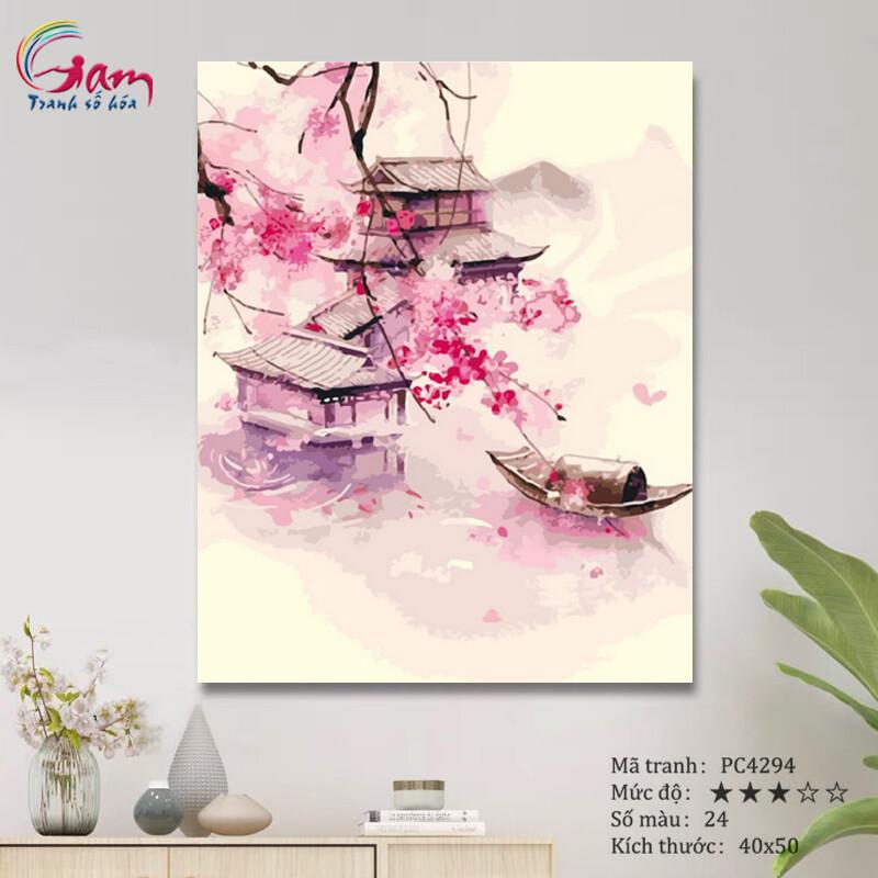 Tranh trang trí tự tô màu theo số phong cảnh Trung Hoa hoa đào bến sông PC4294