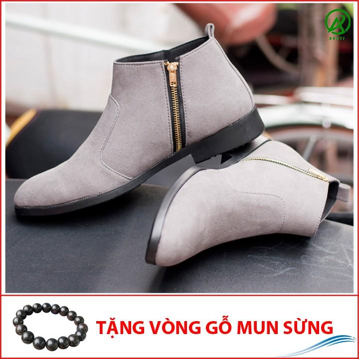 Giày Chelsea Boot Nam Cổ Khóa Rất Dễ Xỏ Da Búc Màu Xám Cực Đẹp - CB521-bucxamkhoa(GM)- Kèm Vòng Phong Thủy Gỗ Mun