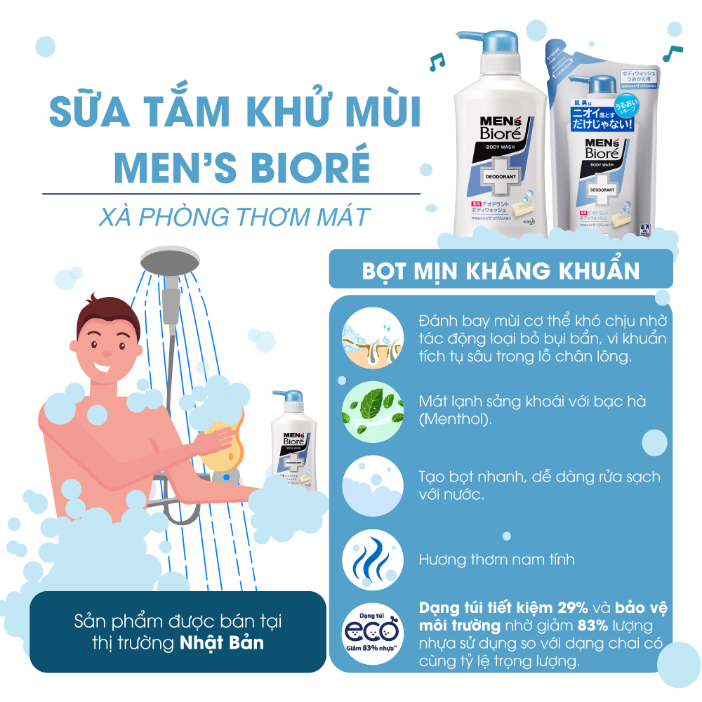 Sữa Tắm Khử Mùi Men's Bioré - Xà Phòng Thơm Mát (Túi) 380ml