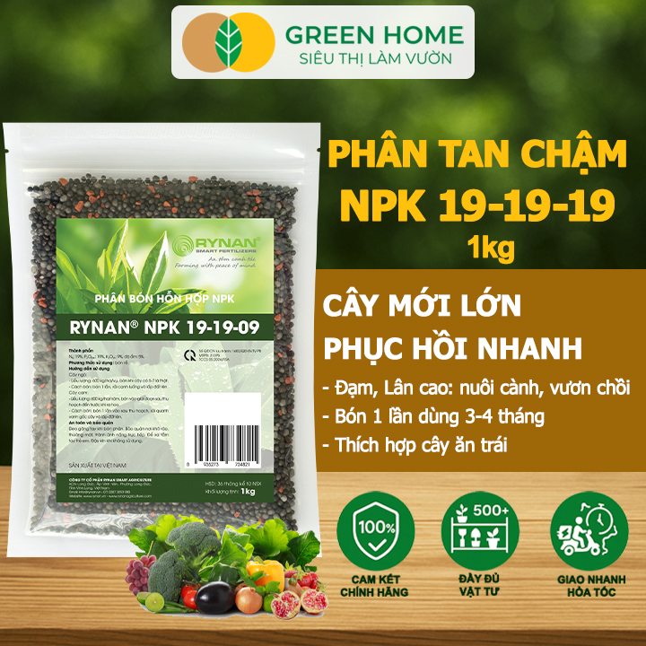 Phân Tan Chậm GreenHome, Rynan NPK 19-19-09, Túi 1kg, Giúp Cây Ăn Trái Phát Triển Mạnh, Chất Lượng