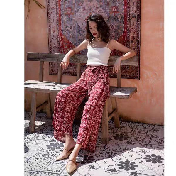 Quần Đỏ Hoạ Tiết Thổ Cẩm Boho Vintage