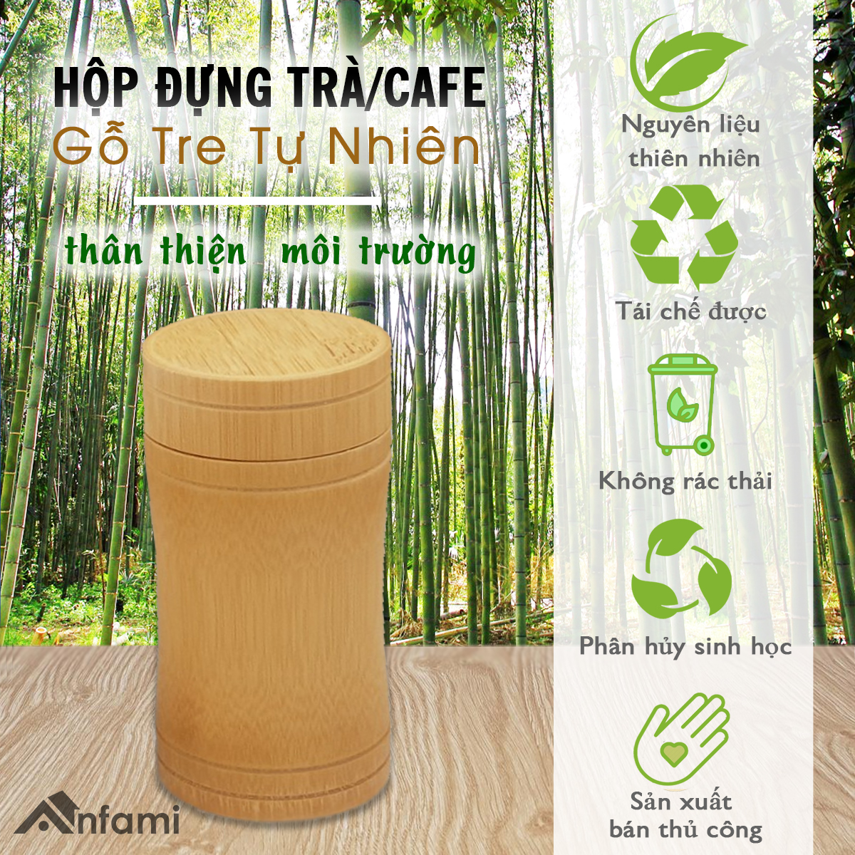 Hộp Đựng Trà Khô (Cafe) Bằng Gỗ Tre Tự Nhiên Thân Lõm (AN01), Hũ Đựng Trà Thân Thiện Môi Trường