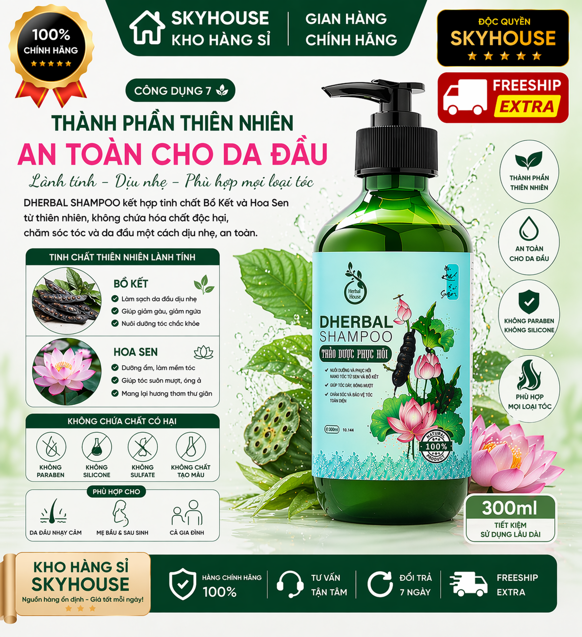Dầu gội thảo dược thiên nhiên tinh chất sen bồ kết độc quyền DHERBAL chai 300ml dầu gội phục hồi tóc hư tổn chính hãng