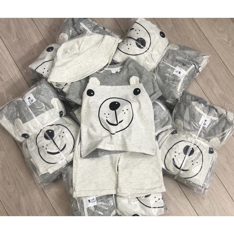 Bộ bé trai cộc gấu xám kèm mũ vành 1-6Y