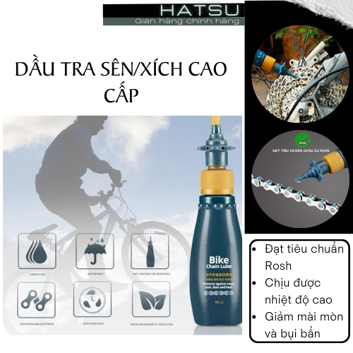 Dầu tra xích xe đạp bôi trơn hoàn hảo HATSU XĐ, chống bụi, giảm mài mòn cho sên xe đạp - đạt Chuẩn RoSH - 60ml