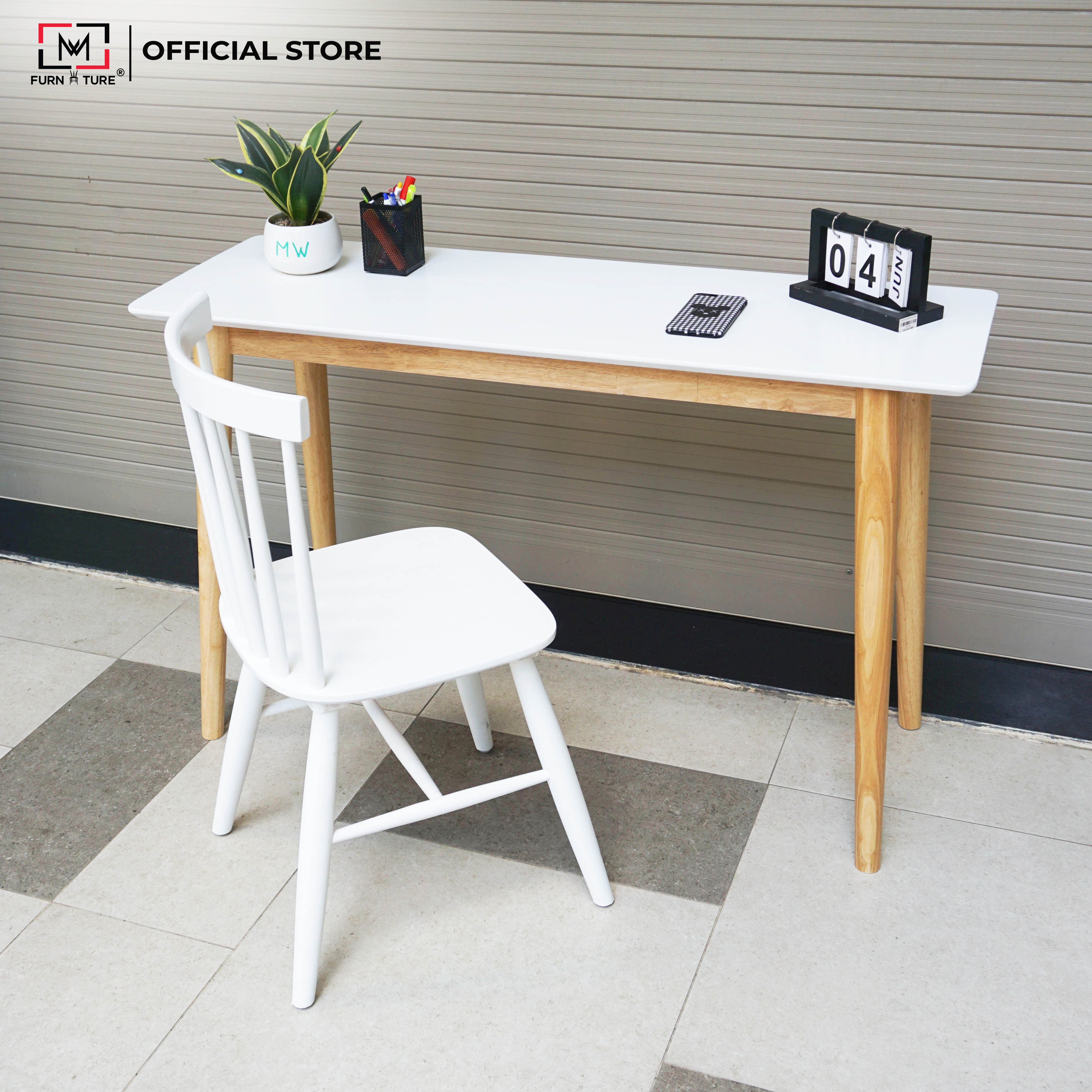 Hình ảnh COMBO BÀN VÀ GHẾ LÀM VIỆC HIỆN ĐẠI MẶT TRẮNG MWFURNITURE - COMBO SLIM TABLE + WINDSOR