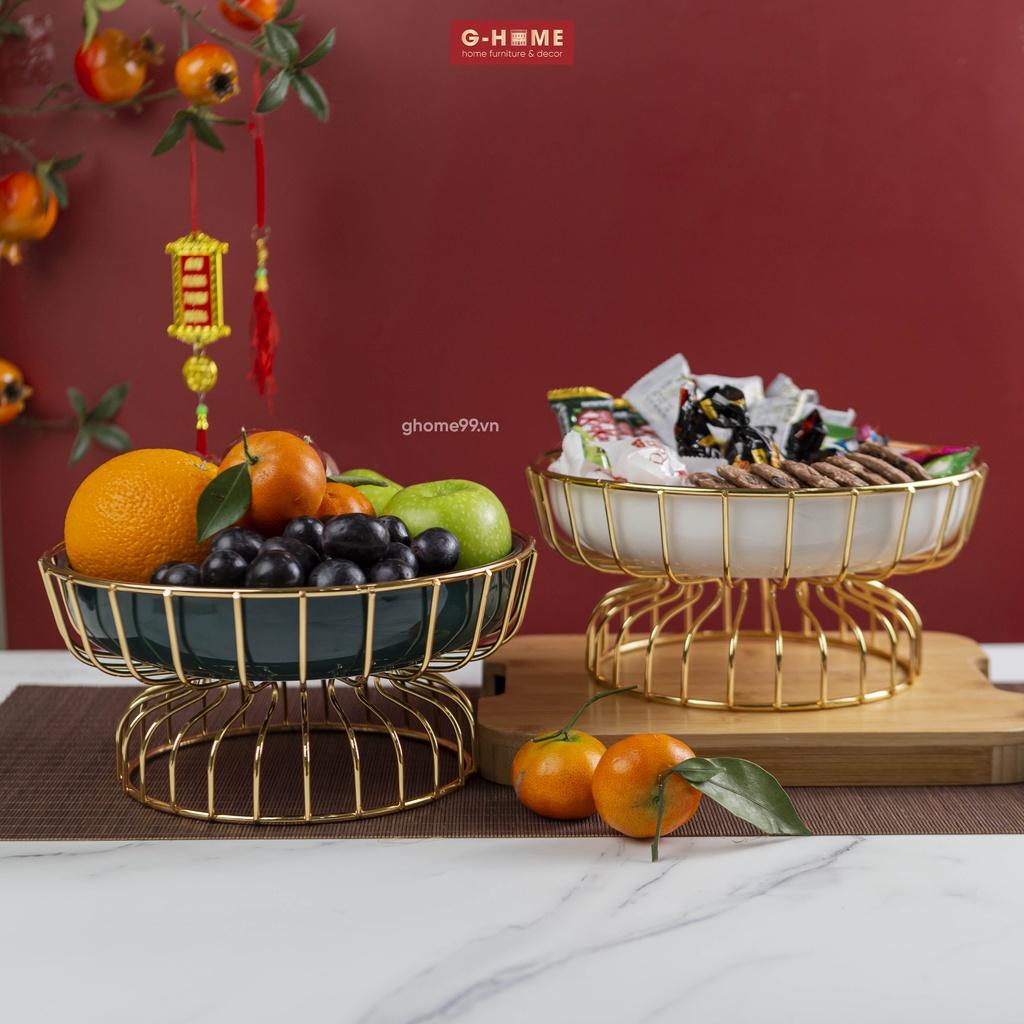Đĩa sứ 1 tầng khung đồng Ghome 2022, đĩa sứ tròn cao cấp trạng trọng bày hoa quả, bánh kẹo ngày tết DIA2022 TRON1