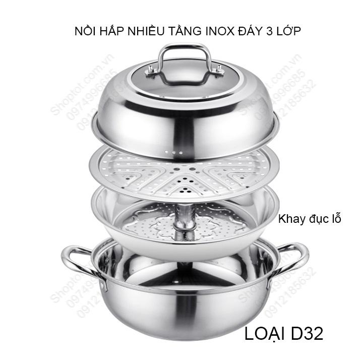 Bộ nồi hấp đa năng nhiều tầng bằng inox dùng được cho bếp từ, đáy 3 lớp dày dặn