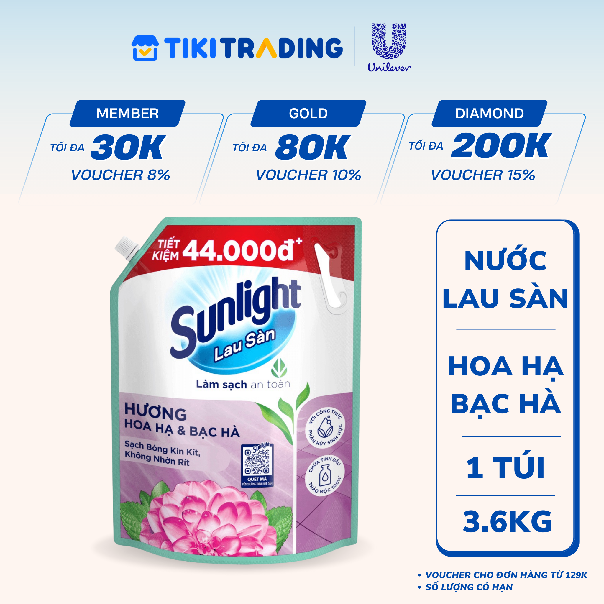 Nước Lau Sàn Sunlight Tinh Dầu Thảo Mộc Hương Hoa Hạ Bạc Hà Túi 3.6KG