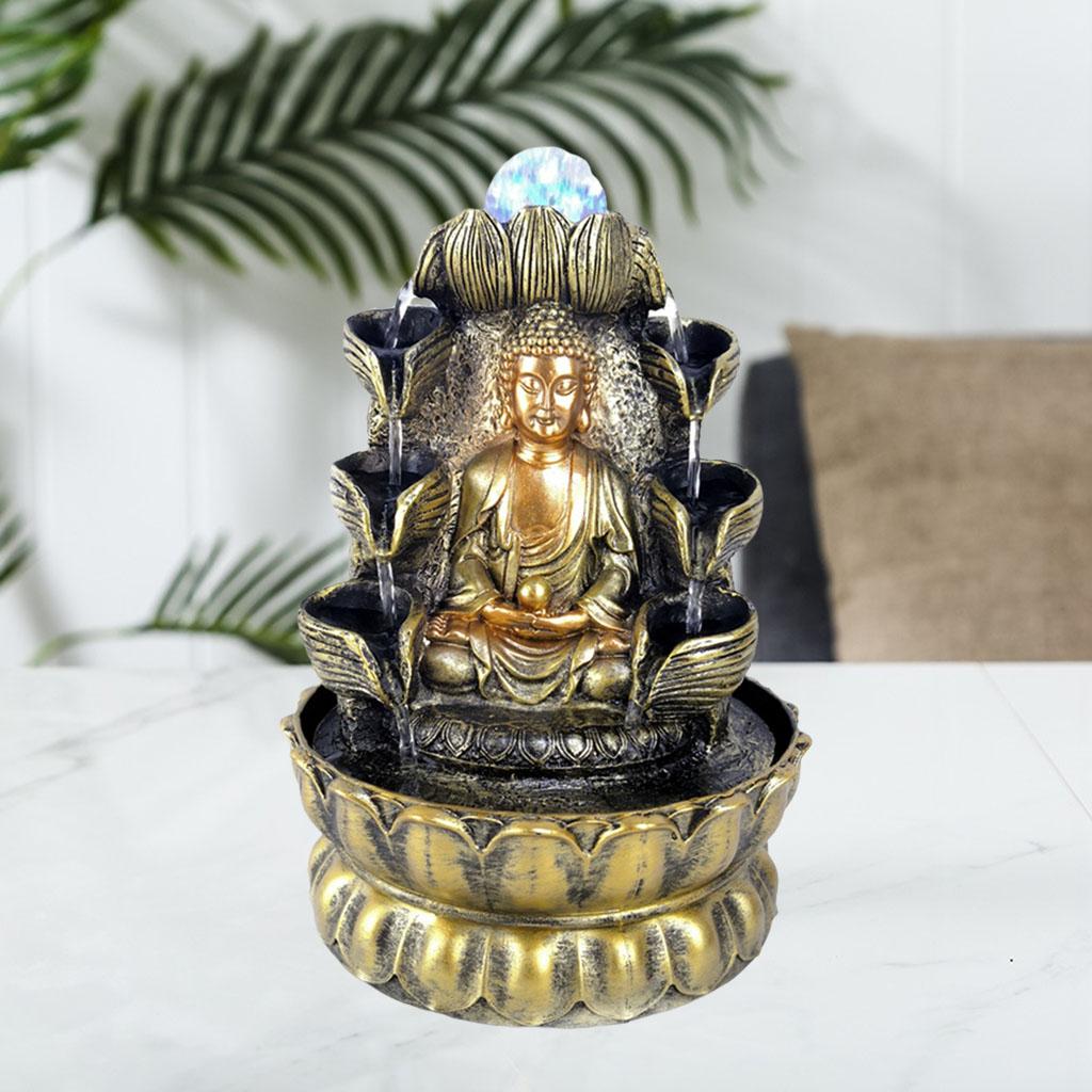 Sitting Buddha Fountain Fengshui Buddha Indoor Decoration Zen Meditation Tabletop Decorative Waterfall with Led Light for Office and Home Decor