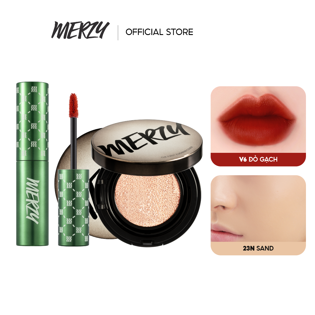 Combo Son Kem Lì Merzy The First Velvet Tint 4.5g (V6 Green vỏ xanh) +  Merzy The First Cushion Cover SPF50+/PA