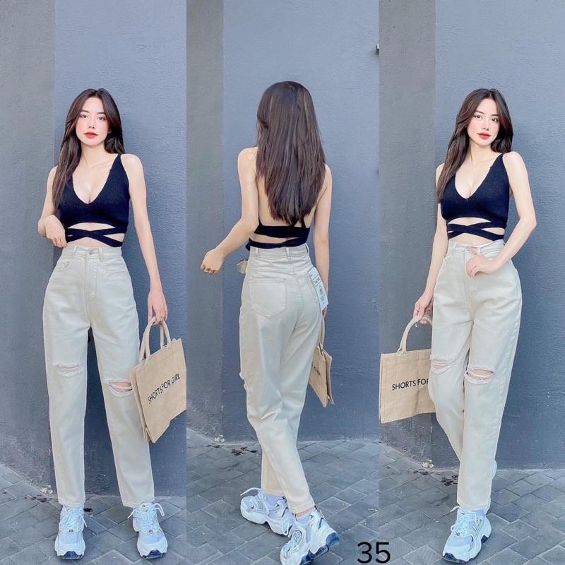 (Kaki - ) Quần baggy nữ trắng rách sọc chất kaki jean cao cấp thời trang H.N.M STORE