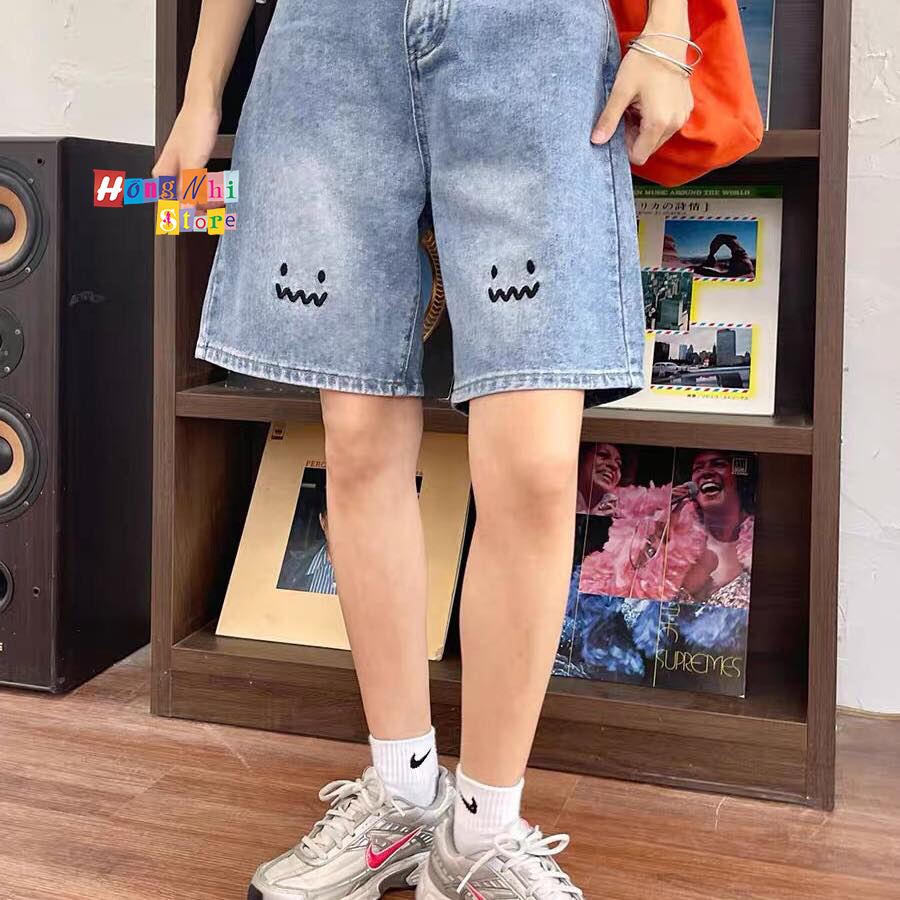 Quần Short Jean Ngố Đùi Thêu Mặt Cười Cạp Cao Ống Rộng Ulzzang - MM