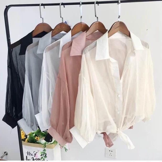 Áo voan mỏng sơ mi cột eo