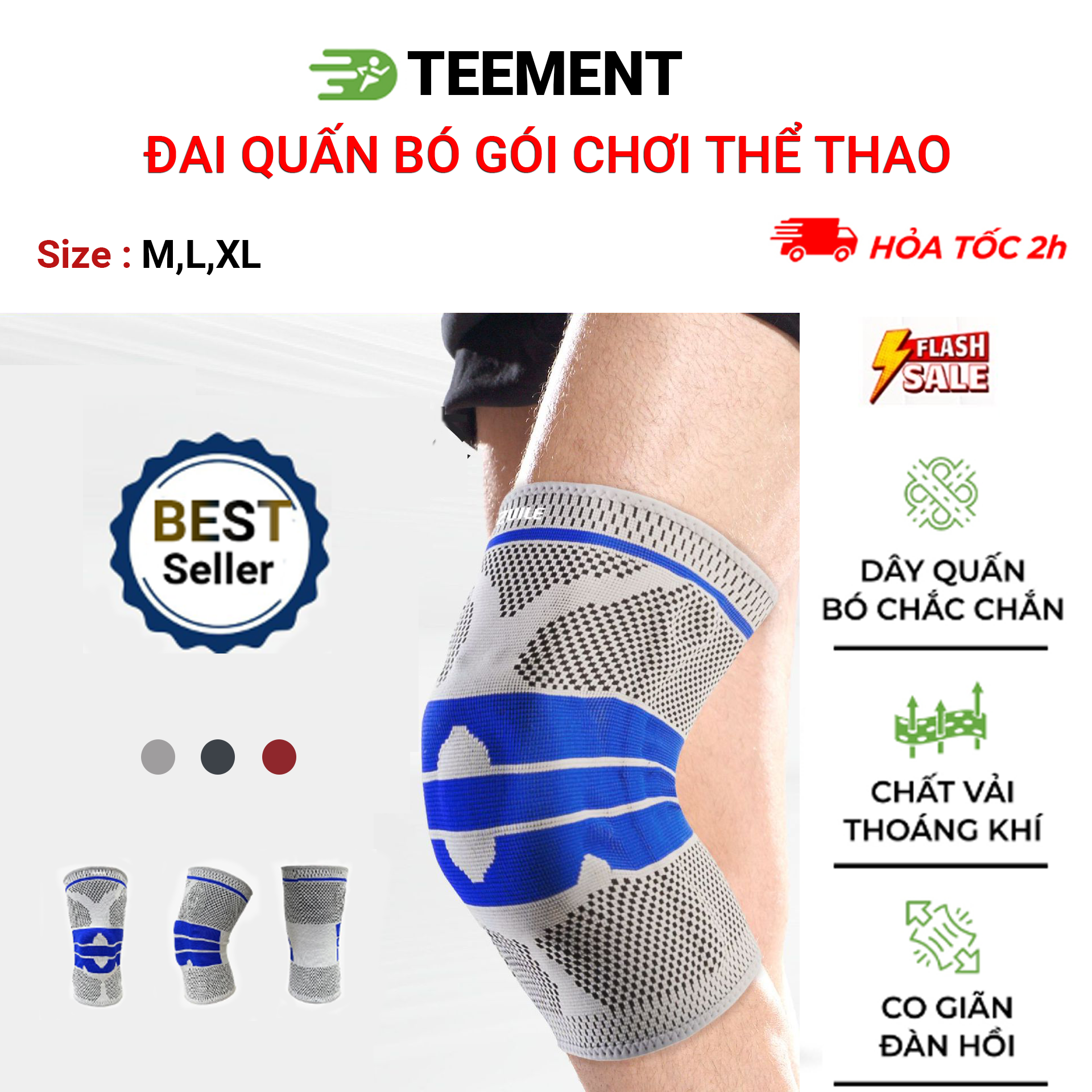 Băng Gối Thể Thao Đệm Silicone, Co Giãn 4 Chiều, Thanh Trợ Lực Lò Xo,  Hỗ Trợ Bảo Vệ Xương Bánh Chè - Hàng Chính Hãng Teement