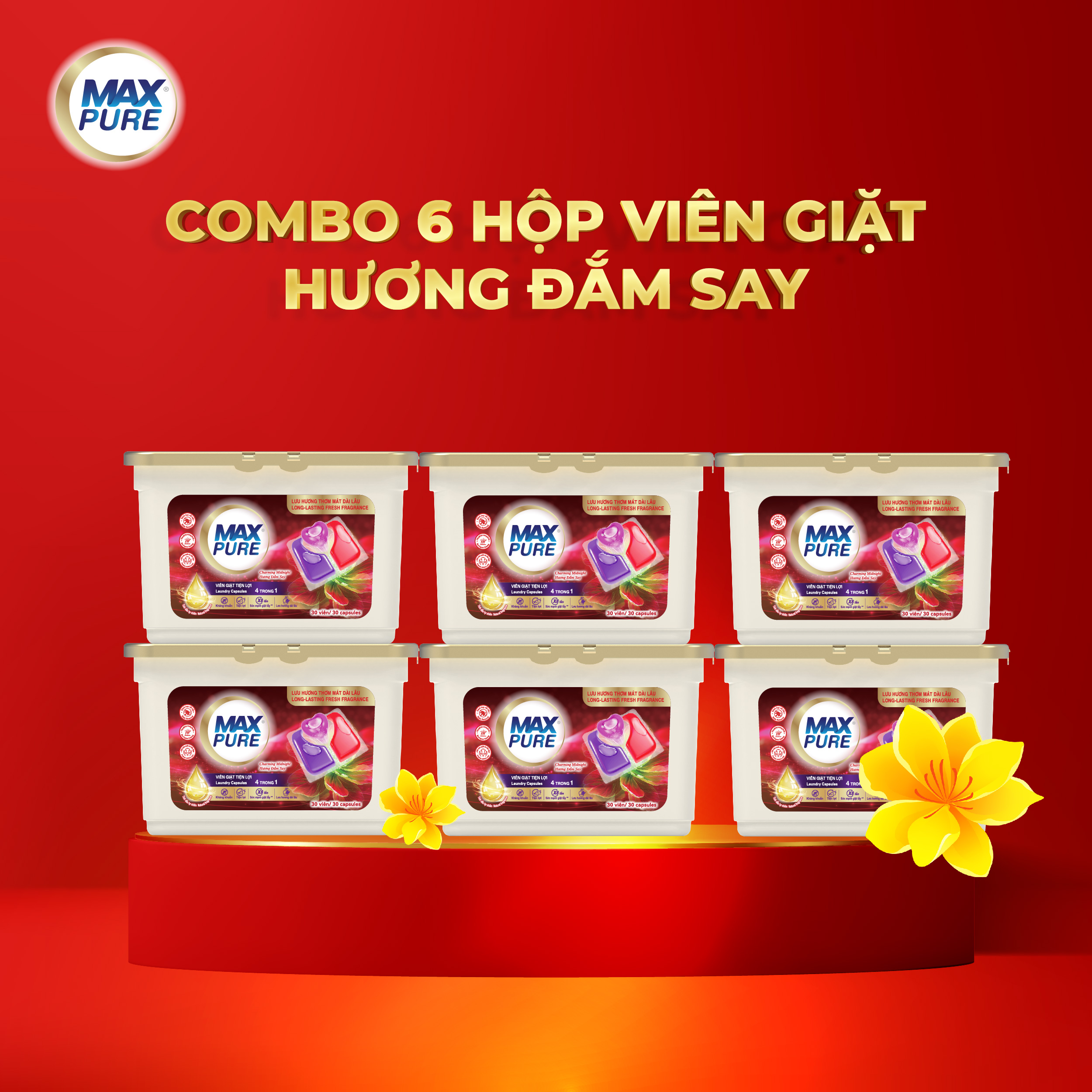 Combo 6 Hộp Viên Giặt Tiện Lợi Max Pure 4in1 Hương Đắm Say (30 viên/hộp)