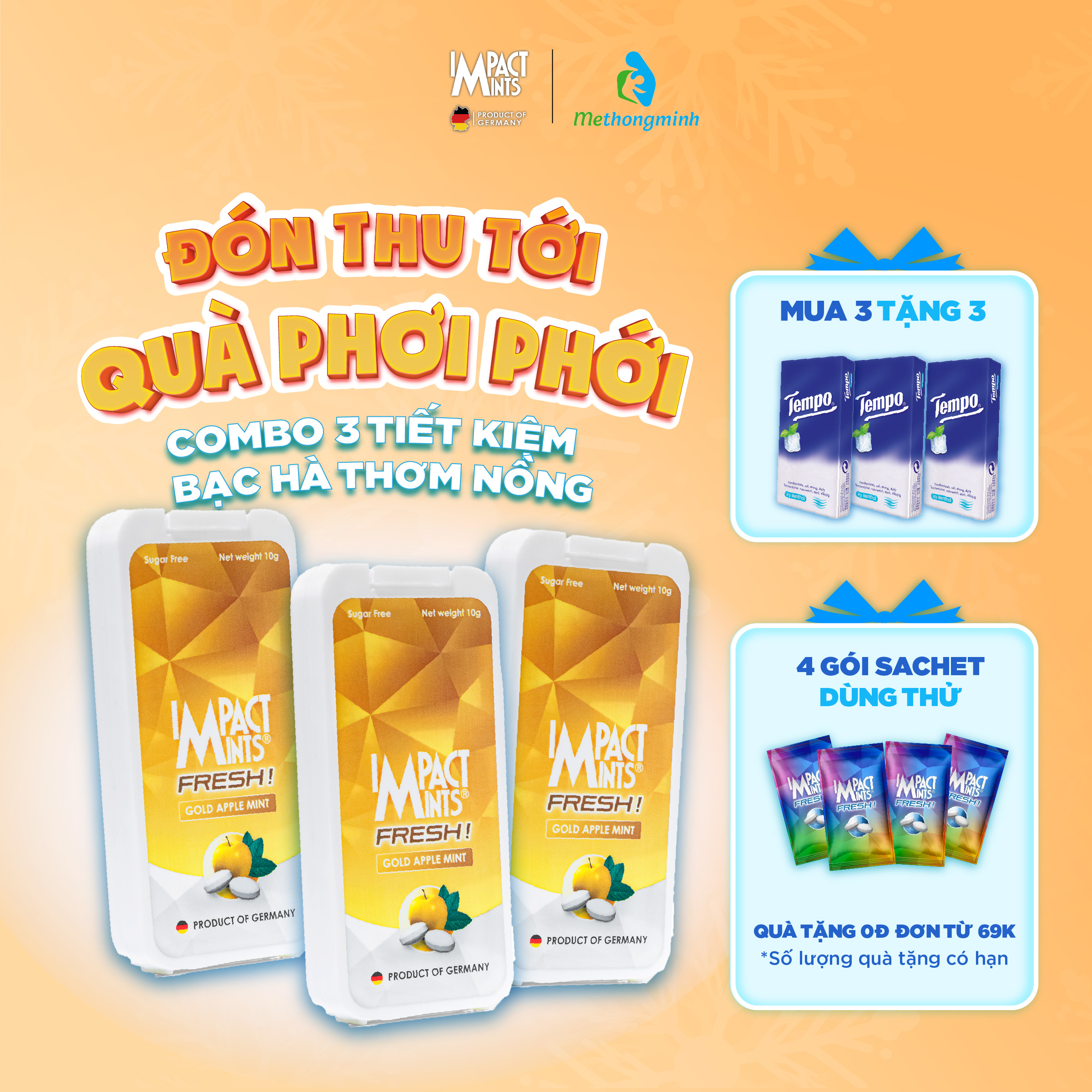 Combo 3 Kẹo Không Đường Bạc Hà IMPACT MINTS FRESH 10g (Tặng kèm 3 gói khăn giấy tempo)