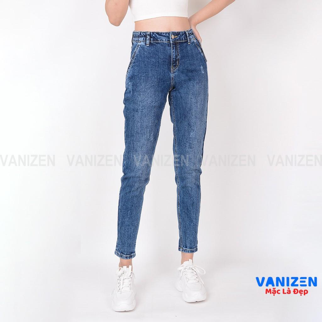 Quần jean nữ ống rộng baggy đẹp lưng cao cạp bán chun xanh đá xước nhẹ hàng hiệu cao cấp mã 429 VANIZEN