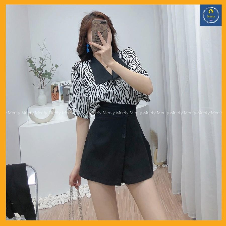 Set Áo Sơ Mi Họa Tiết Áo Sơ Mi Ngắn Tay Cổ Vạt Mix Quần Short Giả Váy Vải Voan Cá Tính, Xinh Xắn- Meety