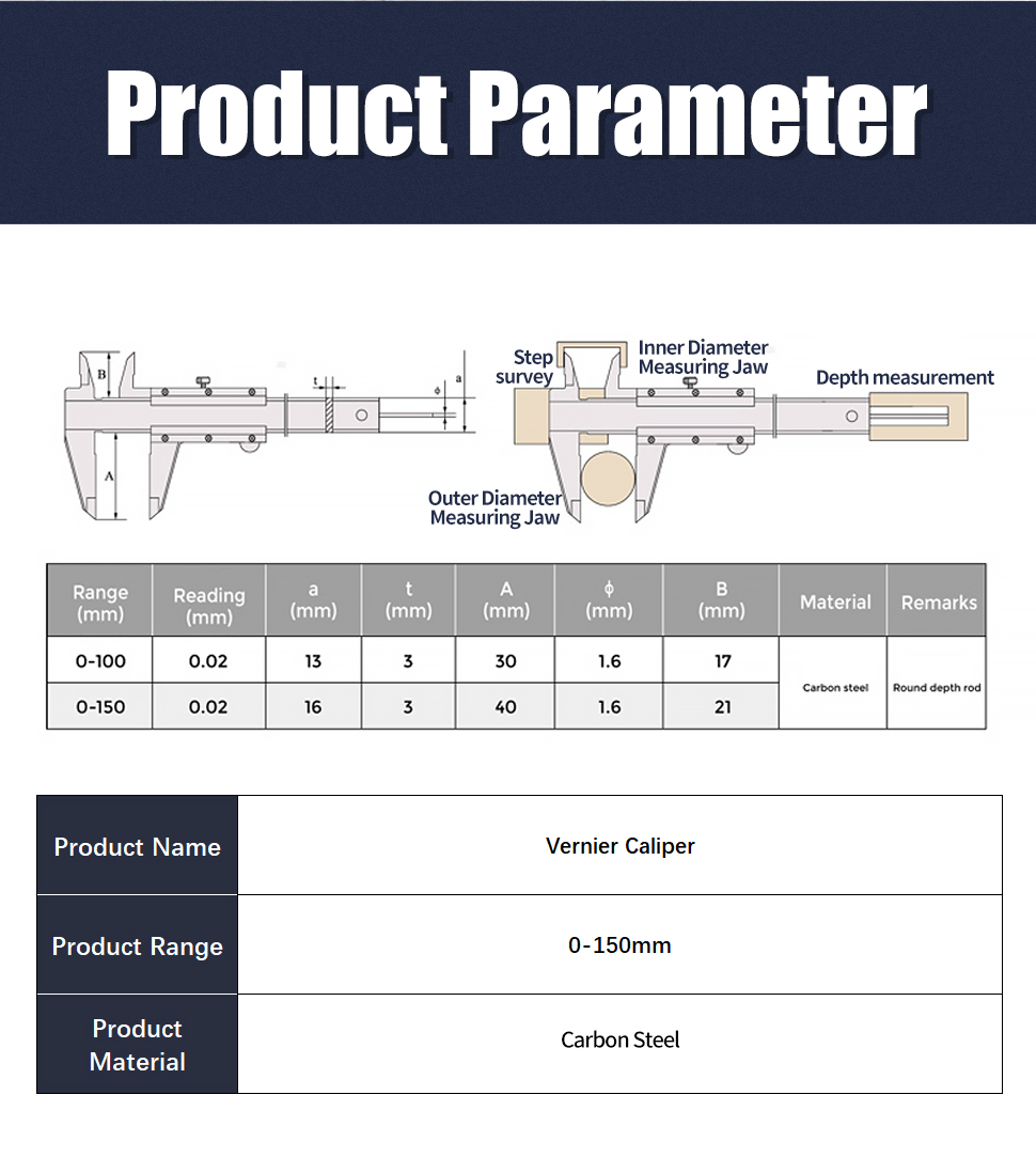 Thước kẹp cơ khí Thép carbon kim loại Vernier, Thước cặp điện tử Micrometer 0-150mm, hàng chính hãng