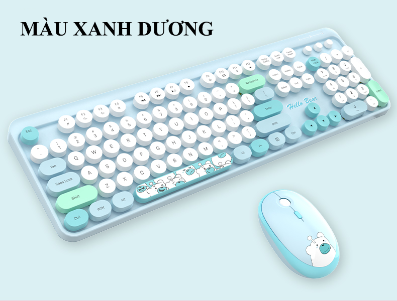 Bộ bàn phím và chuột không dây MOFII HELLO BEAR kết nối chip USB 2.4G thiết kế họa tiết gấu dễ thương và màu sắc nữ tính - Hàng Chính Hãng