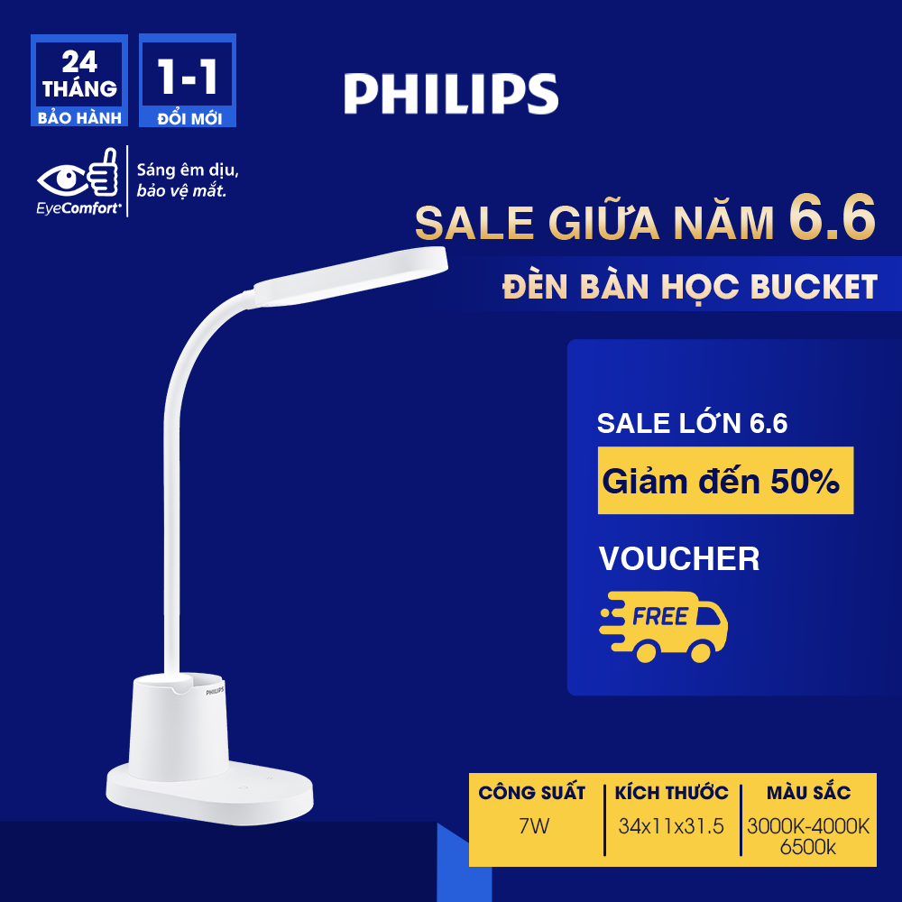 Đèn bàn Philips bảo vệ mắt Bucket DSK214 7W - Điều chỉnh độ sáng, êm dịu cho đôi mắt khỏe đẹp