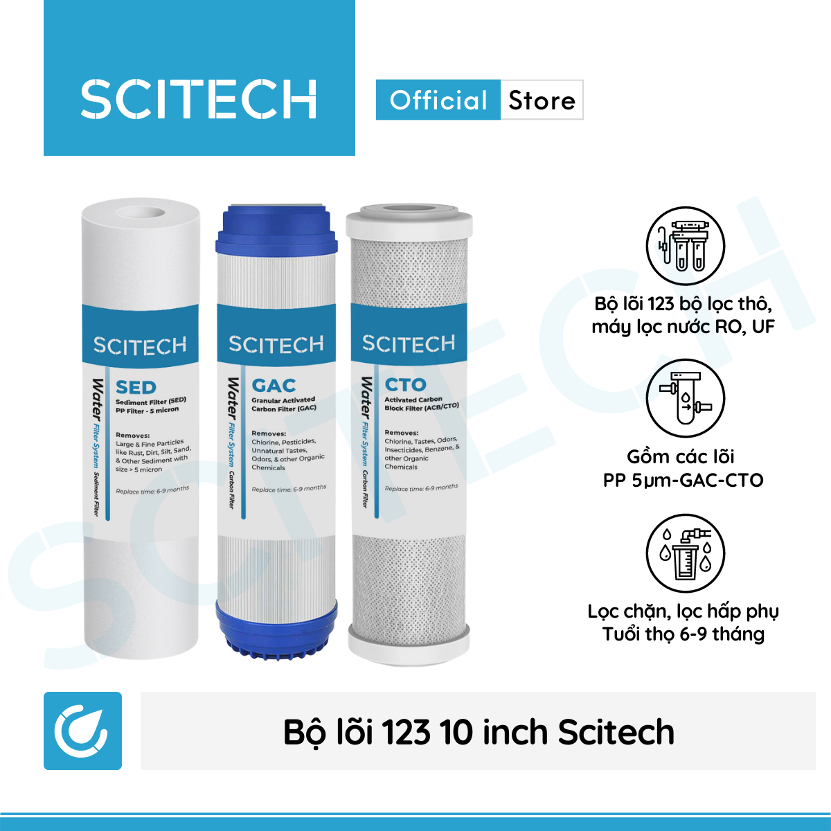Bộ lọc nước sinh hoạt, bộ ba lọc thô 10 inch Scitech - Hàng chính hãng