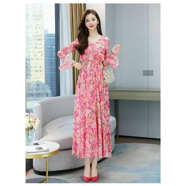 HÀNG NHẬP - ĐẦM MAXI VOAN HOA CỔ V VIỀN BÈO TAY DÀI EO THUN