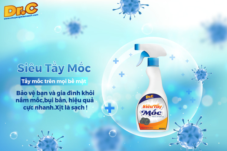 Siêu tẩy mốc chính hãng Dr.C tẩy mốc trên mọi bề mặt áo quần, sàn nhà, tường nhà, không bào mòn bề mặt, xịt là sạch