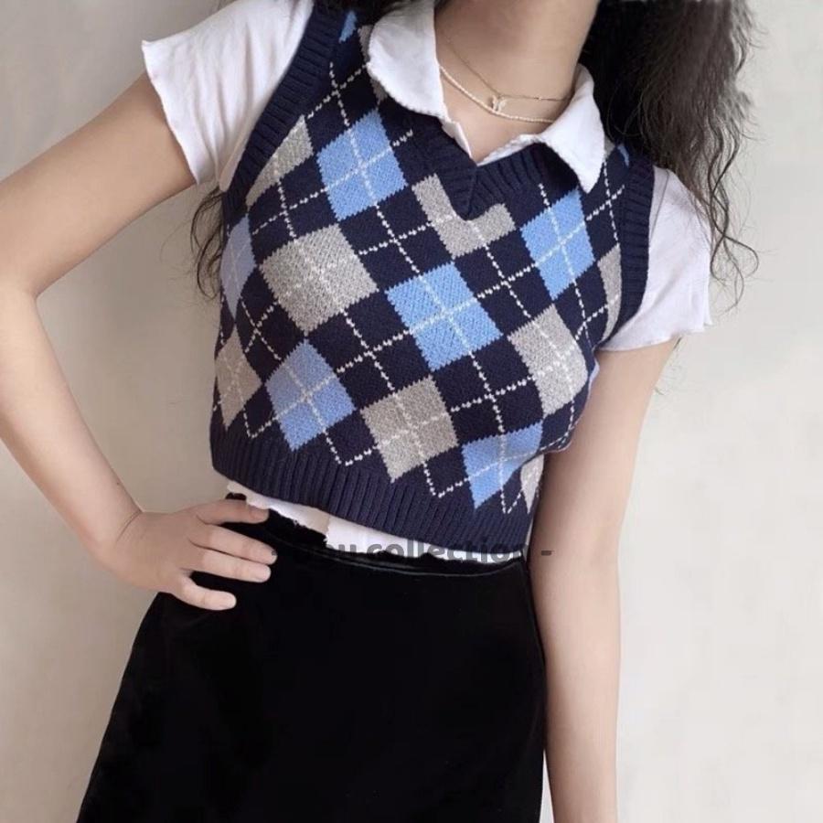Áo Gile Họa Tiết Caro Vintage Áo Len Không Tay Cổ V Cá Tính Thời Trang Thu Đông - Mã TA002