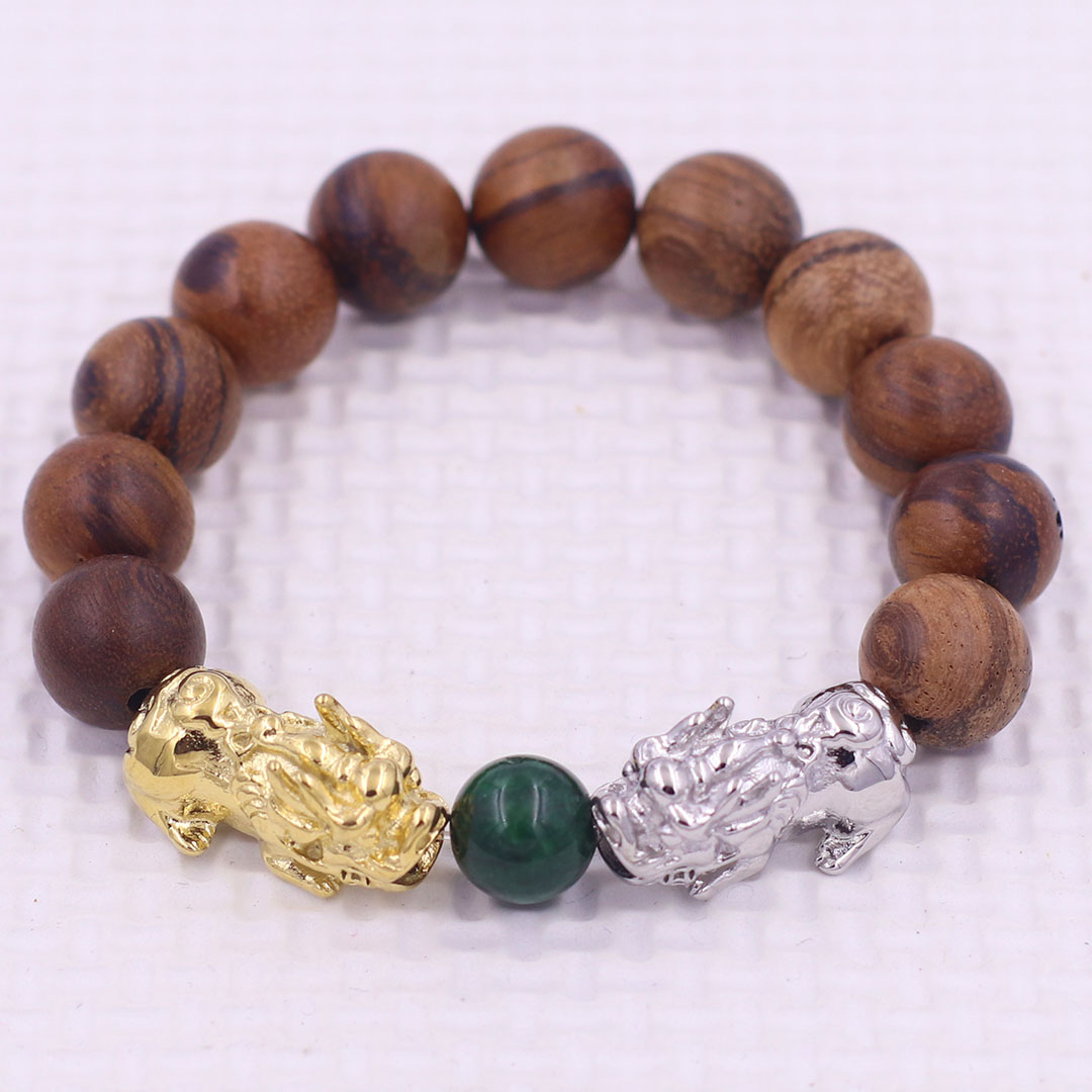 Vòng chuỗi đeo tay gỗ huỳnh đàn 12 ly charm tỳ hưu đôi inox trắng và vàng, vòng chuỗi phong thủy, charm tỳ hưu, vòng tay hạt chuỗi