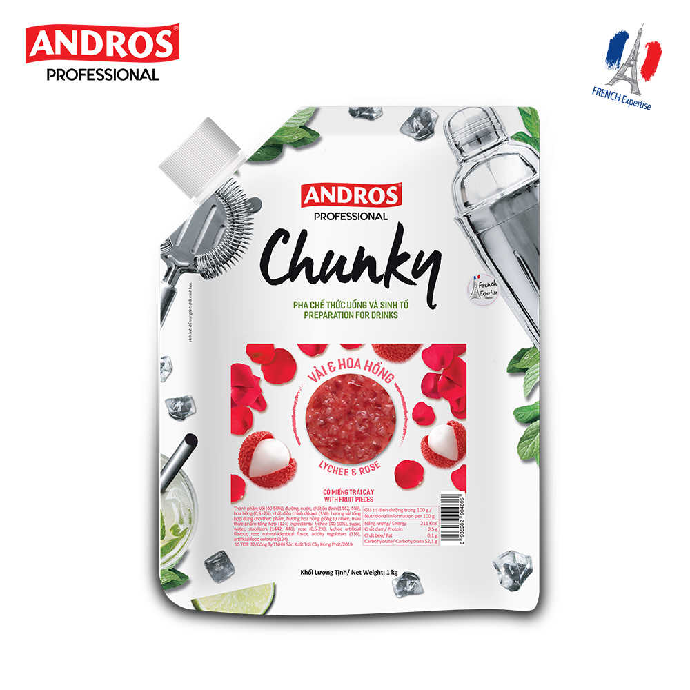 Mứt Trái Cây Pha Chế Vải &amp; Hoa Hồng - Có Miếng Trái Cây Thật - ANDROS CHUNKY - 1KG