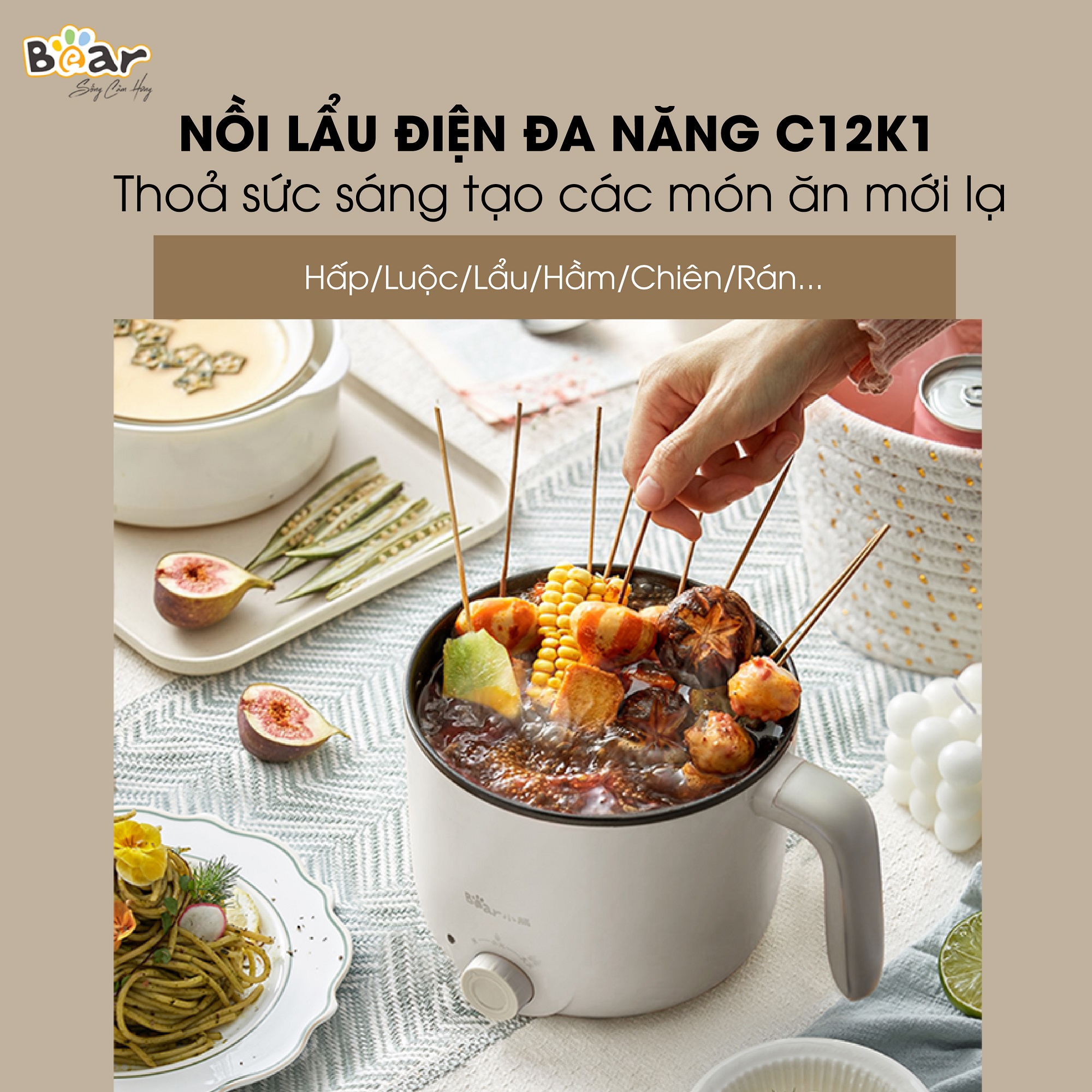 Nồi Lẩu Mini Đa Năng 1,2L Bear Lẩu 2 tầng Vật Liệu Chống Dính An Toàn C12K1 - Hàng nhập khẩu