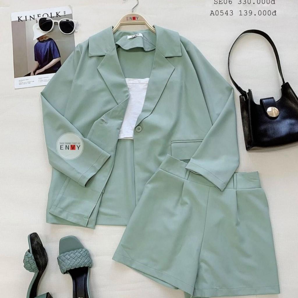 Bộ vest nữ màu xanh ,Vest nữ hàn quốc cao cấp, vest nữ công sở 2 món y hình