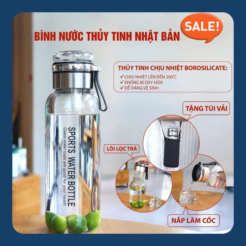 Bình Thủy Tinh 2 Lớp Pha Trà - Cách Nhiệt Tốt - Có Lõi Lọc Inox 304 - Dung Tích 750ml - Hàng Loại 1 TẶNG KÈM TÚI Văn Phòng Du Lịch Dã Ngoại