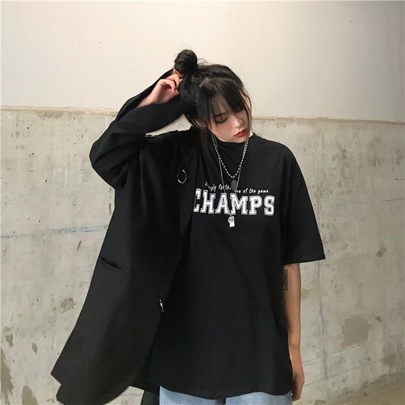 Áo thun nam nữ unisex tay lỡ phông form rộng teen cổ tròn oversize cotton giá rẻ basic đen trắng tee pull CHAMPS