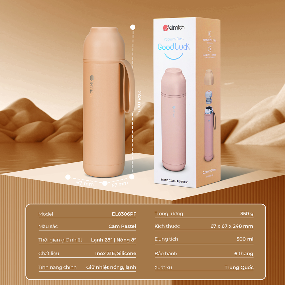 Bình Giữ Nhiệt Inox 316 Elmich Goodluck EL8306 500ml, Hàng Chính Hãng, Nắp Mở 1 Chạm - JoyMall