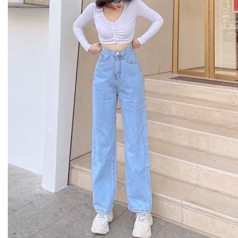 Quần jean lưng cao ống đứng lên dáng chuẩn màu xanh nhạt xanh quần lưng cao hắck dáng