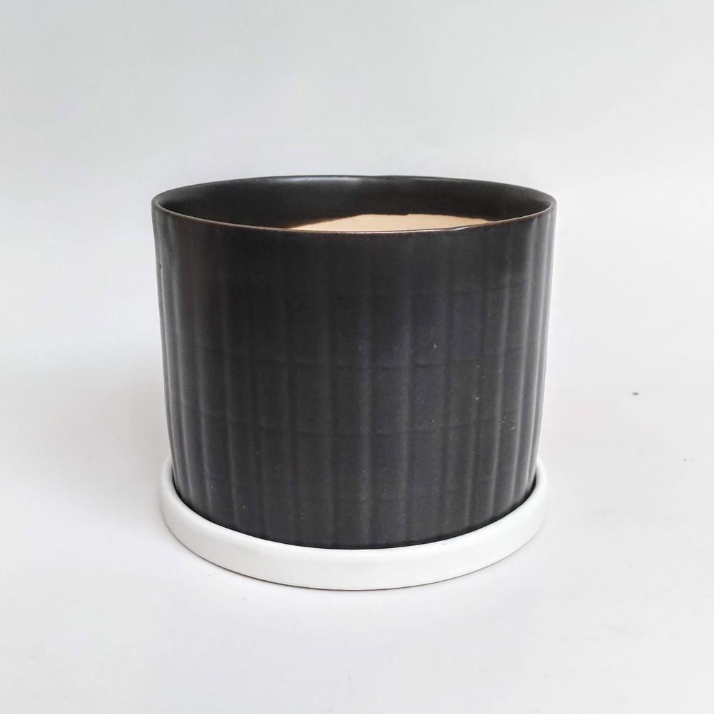 Chậu sứ trồng cây hình trụ, họa tiết gạch caro kèm đĩa hứng nước, men lạnh đẹp