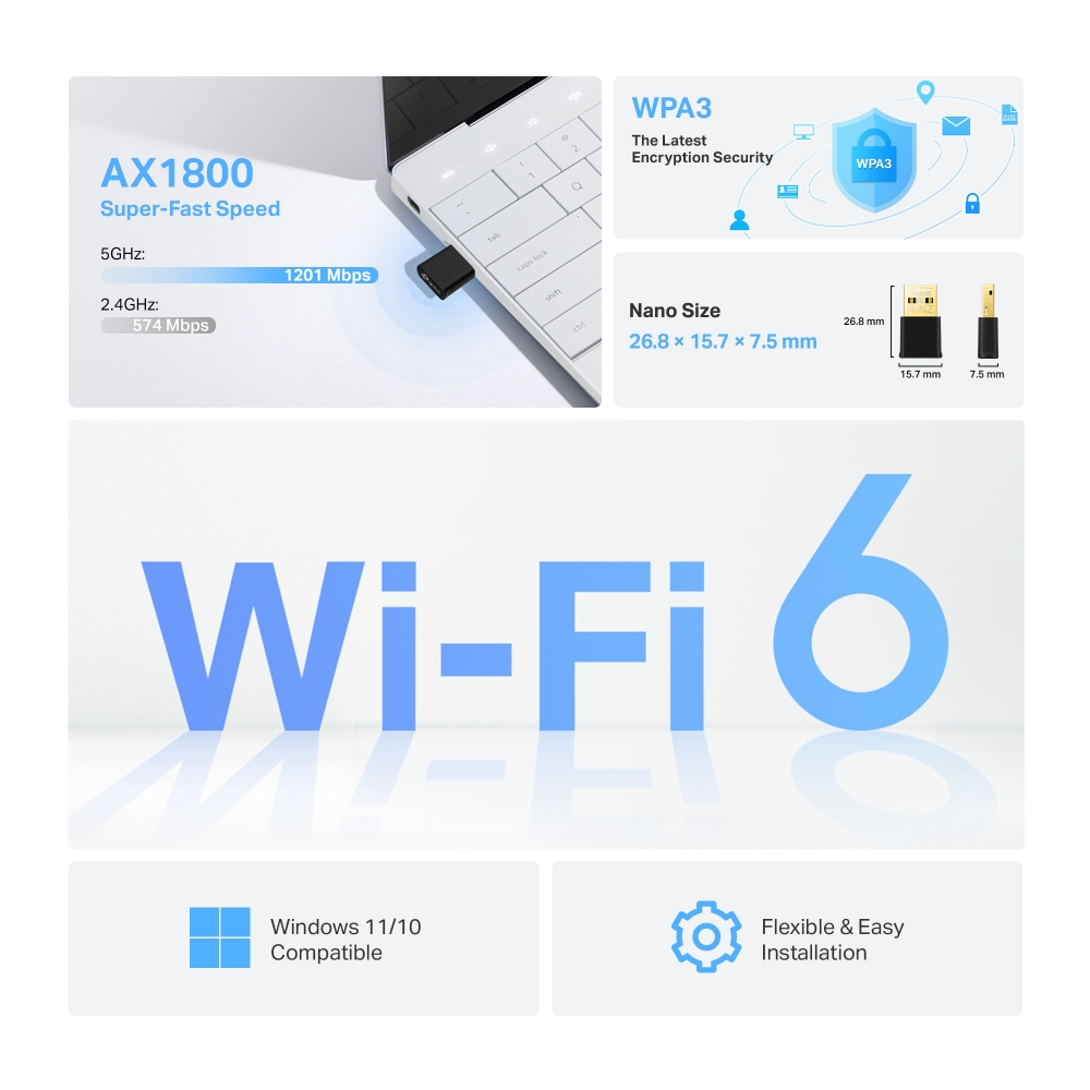 USB thu WIFI TP-Link Archer TX20U Nano | WIFI 6 AX1800 | Băng tần kép 2.4 &amp; 5.0 | Dễ cài đặt | Bảo hành 2 năm | Hàng Chính Hãng