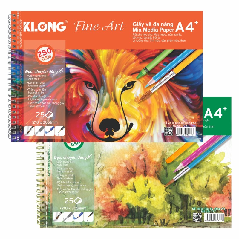 Sổ vẽ KLONG A4+ cao cấp lò xo kép xé 250GSM 25 tờ KL777