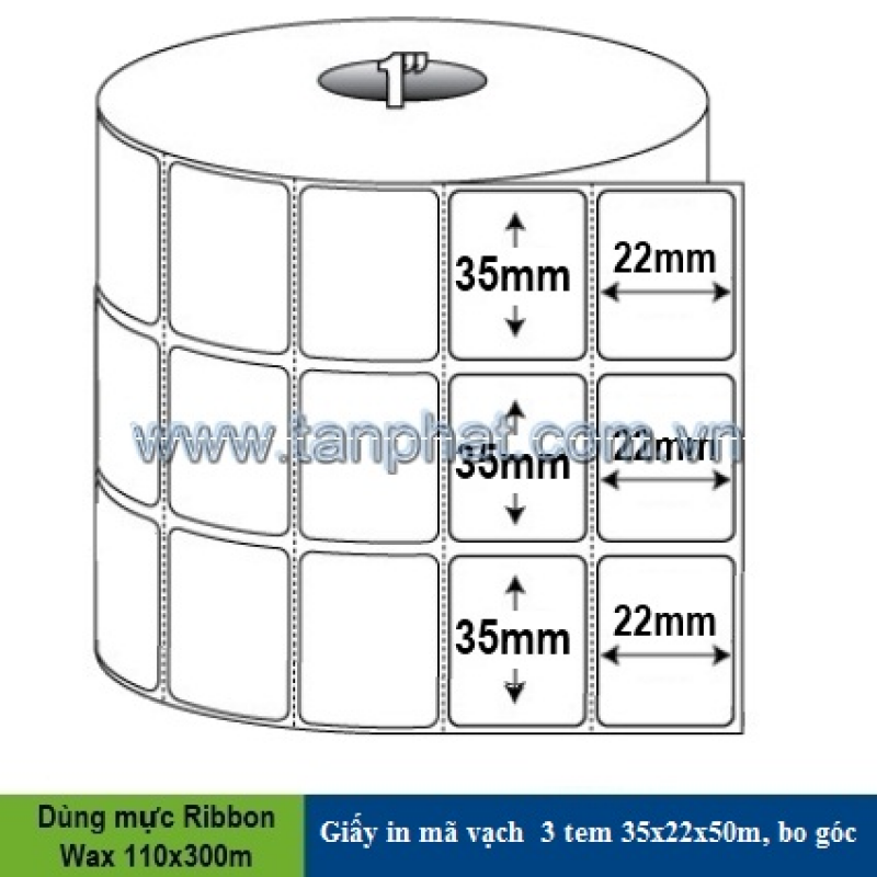 Giấy in mã vạch 3 tem 35x22x50m, bo góc