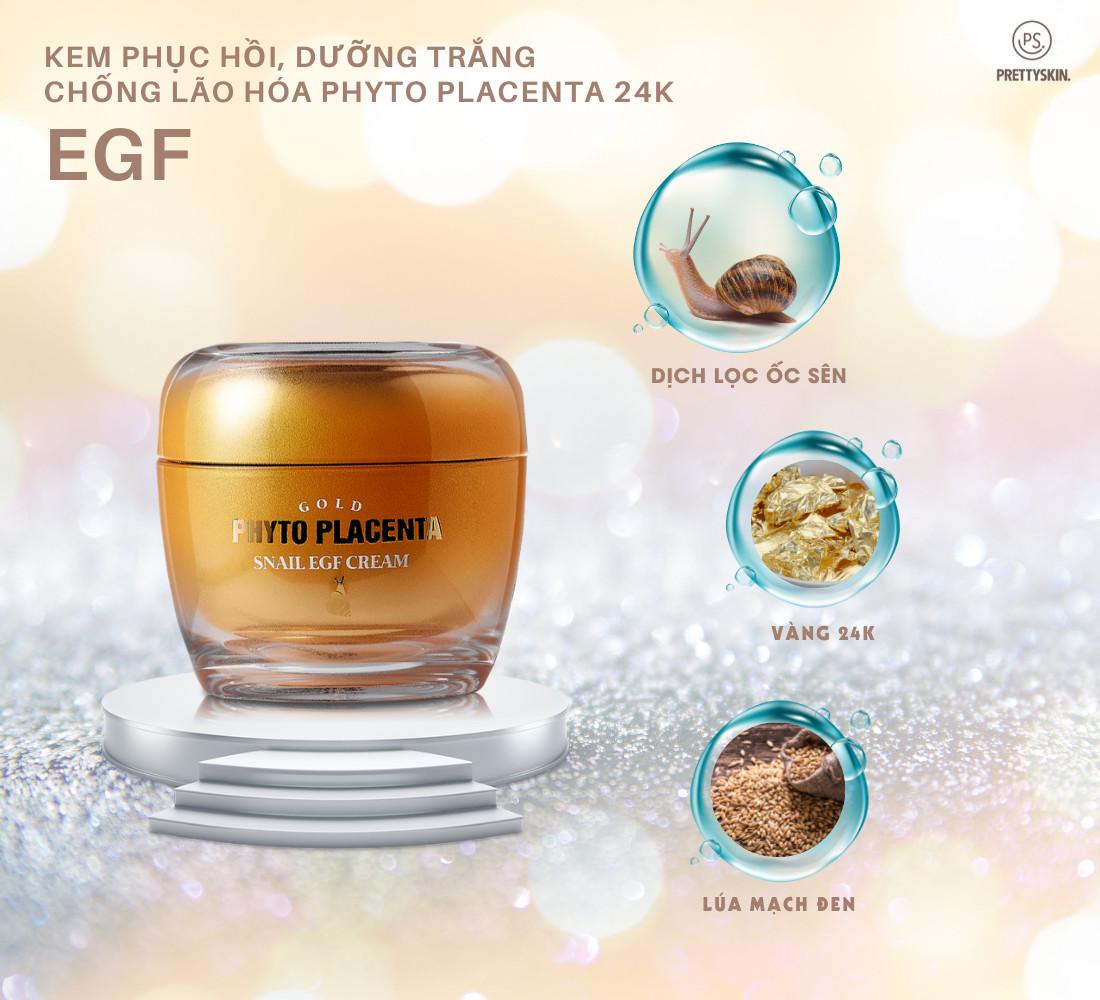 Kem ốc sên phục hồi dưỡng trắng chống lão hóa Pretty Skin Gold Phyto Placenta Snail EGF Cream 50ml tặng móc khóa