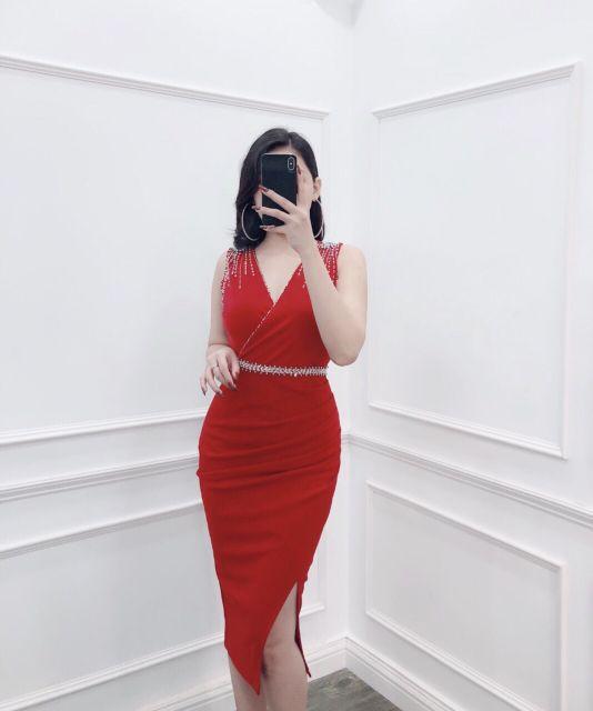 Đầm ôm body vạt đắp chéo kết đá pha lê có size