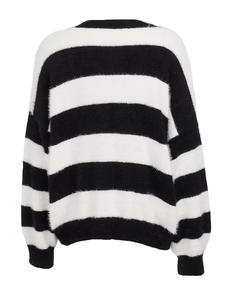 Fashion Women Winter Striped Fluffy Knitted Sweater Splicing O Neck Long Sleeve Casual Sweet Warm Pullover Knitwear