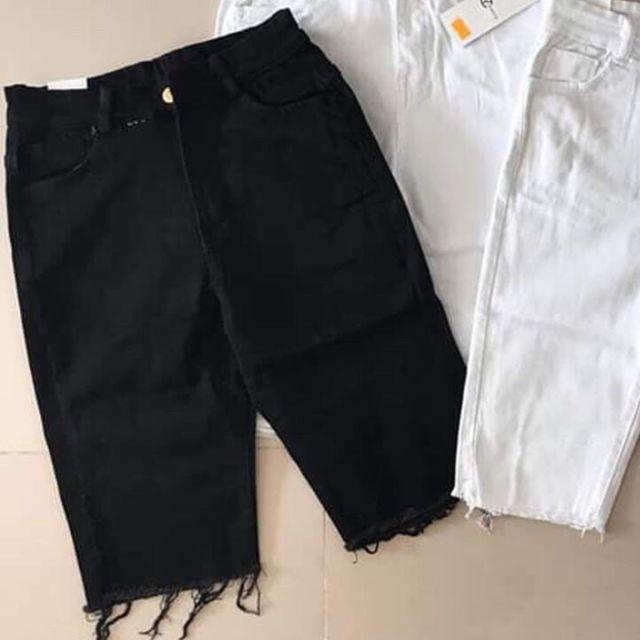 Quần ngố jean nữ chất kaki dày co giãn từ 40 - 55kg lai tua 2 màu trắng và đen