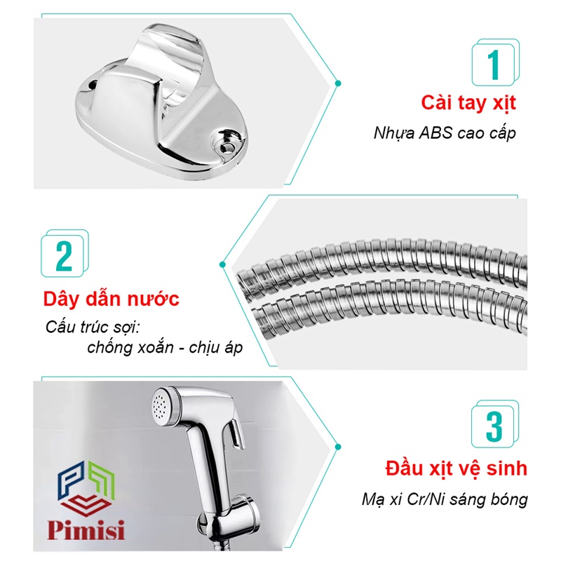 Vòi Xịt Vệ Sinh Bồn Cầu Toilet Trong Nhà Tắm Tăng Áp Pimisi Chịu Áp Lực Nước - Mạ Xi Inox Sáng Bóng Từ Tay Xịt Và Dây Mềm Cao Cấp | Hàng Chính Hãng