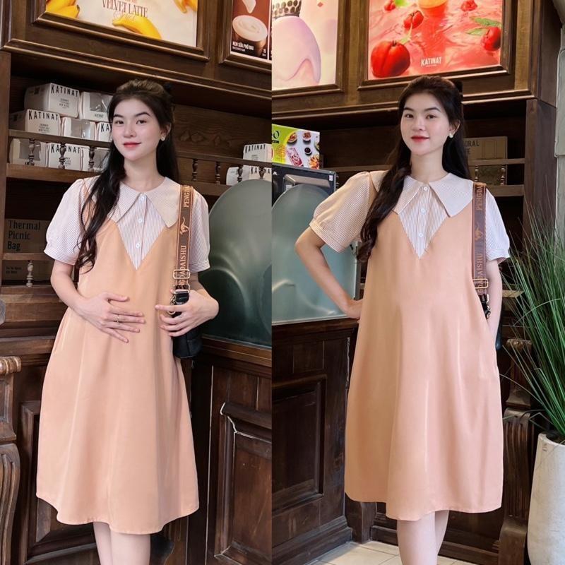 Đầm Yếm Bầu Công Sở Xinh Thiết Kế Dáng Suông Cổ Sen Phối Nút Chất Cotton Lạnh Mát Mẻ, Trẻ Trung - Xanh đen